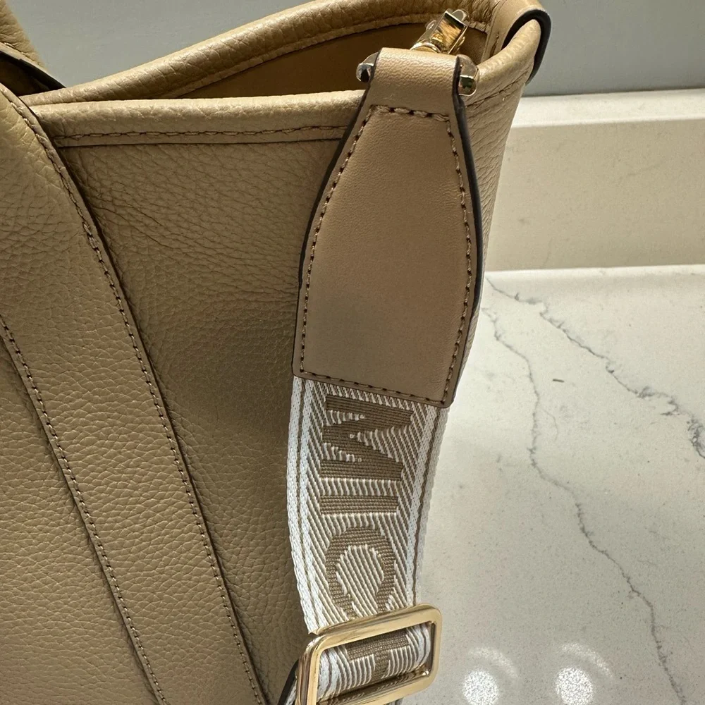 Michael Kors Beige Pebbled Leather Tote with Logo Strap crossbody/shoulder bag‎